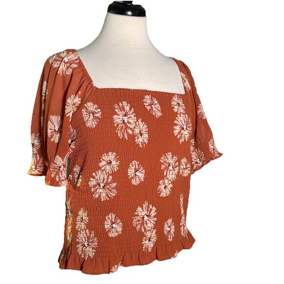 Madewell Burnt Orange Floral Square Neck Ruched Cap Sleeve Crop Top M EUC - Picture 1 of 5